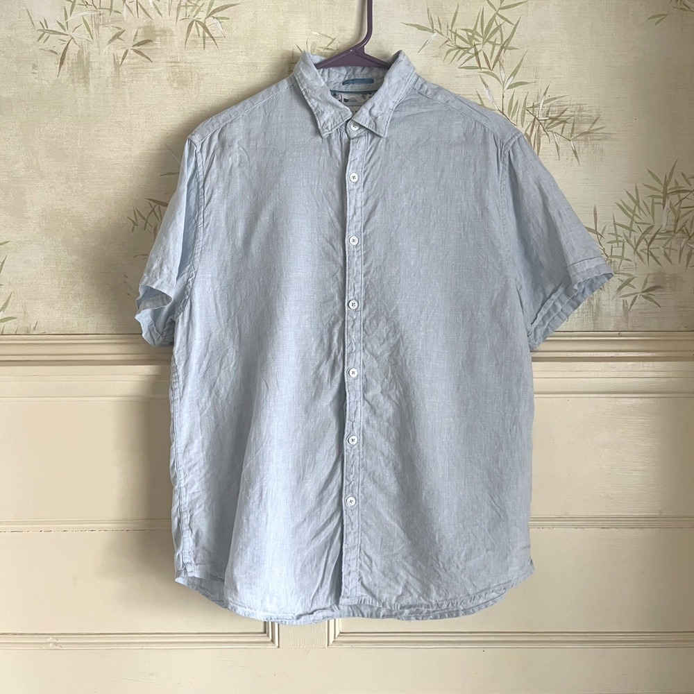 Mens Light Blue 100% Linen Short Sleeve Button Down Shirt Resort - Large